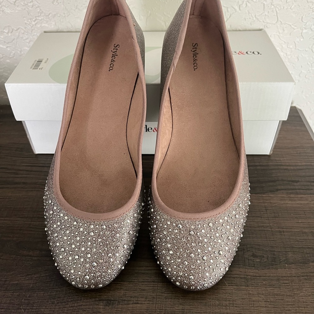 Style & Co Sparkle Glitter Rhinestone Flats Shoes 9.5 M Pewter Grey Angelynn